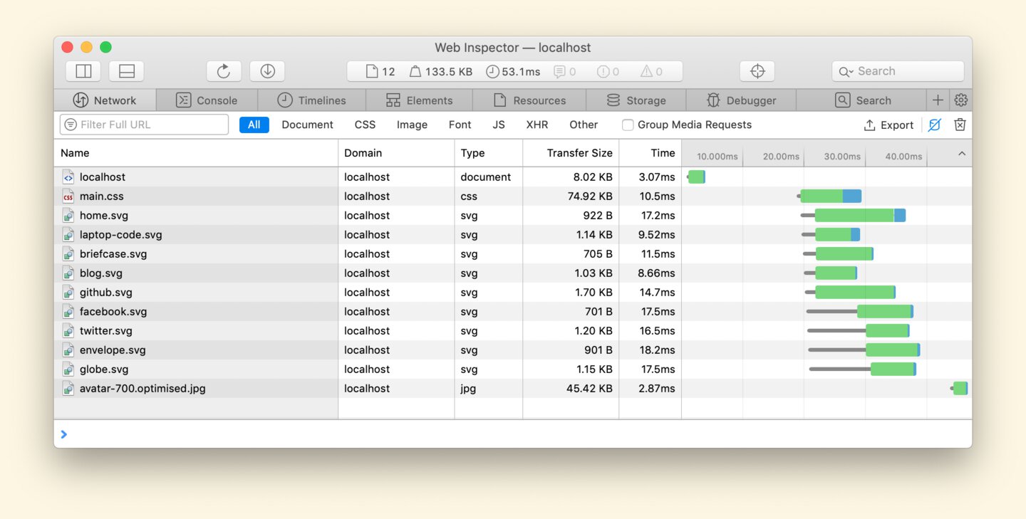 Network tab of Safari developer tools after optimisation