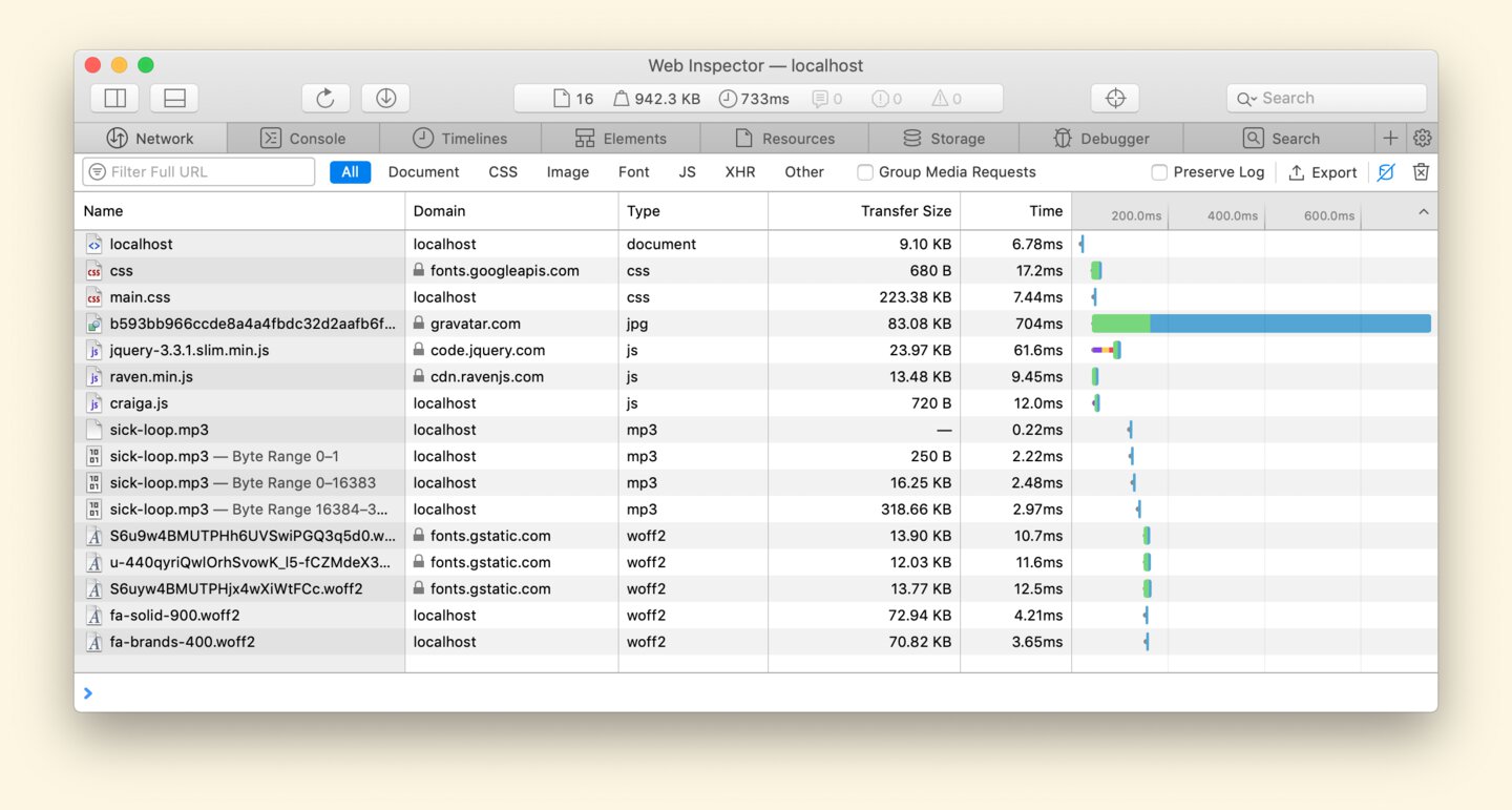 Network tab of Safari developer tools before optimisation