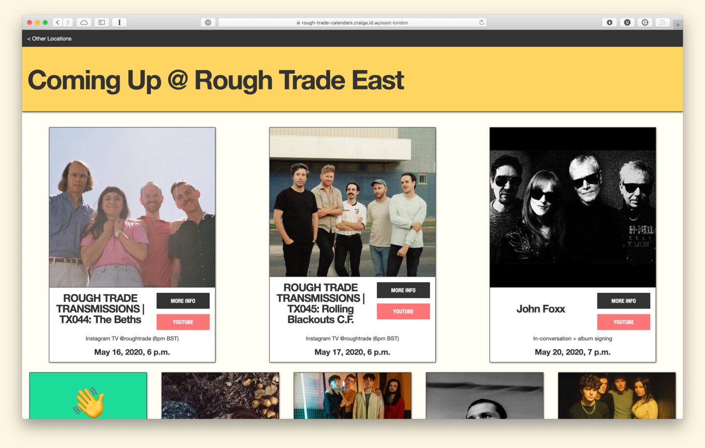 list of events on the Rough Trade Calendars web site